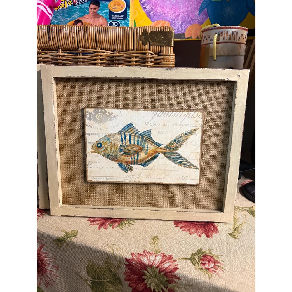 Rustic Coastal Fish Wall Art | Framed Nautical Fish Print on Burlap | Beach Cott